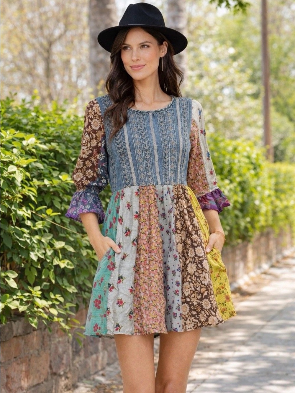 Young Threads Bohemian Style Babydoll Vintage Boho Patchwork Dress Size M NWT